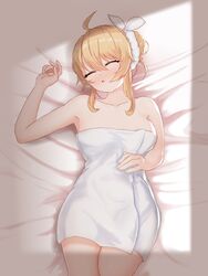  absurdres ahoge blonde_hair blush breasts closed_eyes female haru_estia highres karurega lying naked_towel on_back on_bed open_mouth short_hair sleeping solo soulworker towel 