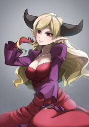  black_horns blonde_hair bon_(bonbon315) breasts cleavage dress female gloves grey_background highres horns lilith_(p&amp;d) long_hair long_sleeves medium_breasts pointy_ears puzzle_&amp;_dragons red_dress red_eyes red_gloves sitting solo 