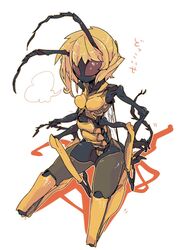  antennae arthropod_girl arthropod_limbs black_skin blonde_hair breasts brown_sclera colored_sclera colored_skin commentary_request extra_arms female full_body highres monster_girl original seiza short_hair simple_background sitting small_breasts solo tomatojam wasp_girl white_background 