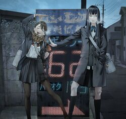  2girls absurdres annoyed arm_up bag bandaged_leg bandages black_hair black_legwear blue_bow blue_bowtie blue_jacket bow bowtie breath clenched_teeth closed_eyes collared_shirt dress_shirt gas_station hand_in_pocket height_difference highres jacket long_hair looking_to_the_side matsuura_kento multiple_girls open_mouth original outdoors outstretched_arm pantyhose pleated_skirt red_bow red_bowtie scarf school_bag school_uniform shirt shirt_tucked_in sign skirt standing teeth utility_pole vest white_shirt 