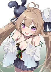  absurdres ahoge attilio_regolo_(azur_lane) azur_lane black_dress blush bow breasts brown_hair collarbone commentary criss-cross_halter detached_sleeves dress female frills from_above green_bow hair_ornament halterneck heart heart-shaped_pupils highres long_hair long_sleeves marimo_daifuku mole oerba_yun_fang open_mouth purple_eyes rabbit_hair_ornament simple_background sleeves_past_fingers sleeves_past_wrists small_breasts solo symbol-shaped_pupils twintails very_long_hair white_background 