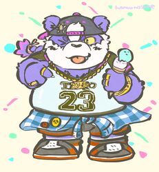  2020 alp_(tas) anthro bear bottomwear buta5kawa chibi clothing dessert food fur giant_panda hi_res humanoid_hands ice_cream kemono lifewonders male mammal one_eye_closed purple_body purple_fur shirt shorts solo text tokyo_afterschool_summoners tongue tongue_out topwear wink 