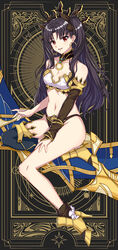  bare_shoulders breasts brown_hair brown_ribbon cleavage earrings fate/grand_order fate_(series) female full_body hoop_earrings ishtar_(fate) jewelry kelinch1 large_breasts long_hair looking_at_viewer midriff navel open_mouth red_eyes ribbon single_sleeve single_thighhigh sitting smile solo thighhighs thighs twintails yellow_footwear 