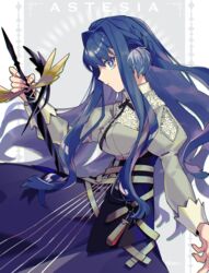  +_+ 48okku arknights astesia_(arknights) blue_eyes blue_hair blue_skirt breasts bright_pupils character_name commentary expressionless female from_side hair_intakes highres holding holding_sword holding_weapon long_hair long_sleeves looking_at_viewer profile puffy_sleeves shirt skirt solo sword weapon white_background white_pupils white_shirt winged_sword 