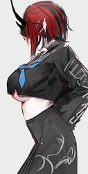  bad_id bad_twitter_id black_hair black_serafuku black_skirt blue_neckerchief breasts cowboy_shot crop_top demon_girl demon_horns doryudory ear_piercing female grey_background hair_ornament highres horns large_breasts long_sleeves multicolored_hair nanashi_inc. neckerchief official_alternate_costume piercing pointy_ears red_hair ryugasaki_rene ryugasaki_rene_(3rd_costume) school_uniform serafuku short_hair simple_background skirt solo sugar_lyric two-tone_hair underboob virtual_youtuber x_hair_ornament 