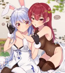  2girls :o ? animal_ear_fluff animal_ears arms_around_neck bed bed_sheet black_gloves blurry blurry_background blush breasts brown_leotard brown_pantyhose brown_thighhighs cleavage commentary_request dakuryuu don-chan_(usada_pekora) fur-trimmed_gloves fur_trim gloves hair_down half-closed_eyes heterochromia highres hololive houshou_marine hug hug_from_behind indoors large_breasts leotard long_hair looking_at_another multiple_girls orange_eyes pantyhose rabbit-shaped_pupils rabbit_ears rabbit_girl rabbit_tail red_eyes red_hair romaji_text short_eyebrows sitting small_breasts spoken_question_mark symbol-shaped_pupils tail thick_eyebrows thighhighs usada_pekora usada_pekora_(1st_costume) virtual_youtuber wariza white_gloves yellow_eyes 