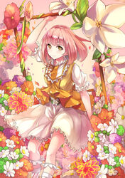  arm_up bon_(bonbon315) brown_eyes dress feet_out_of_frame female flower frills highres looking_at_viewer original pink_hair short_hair short_sleeves smile solo 