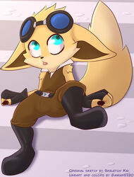  2020 absurd_res anthro blue_eyes brown_claws canid canine claws clothed clothing damian5320 digital_media_(artwork) english_text eyewear fennec_fox fingerless_gloves fox fur gloves goggles handwear hi-rez_studios hi_res male mammal multicolored_body multicolored_fur paladins_(game) pip_(paladins) sitting skeletonkid5 solo stairs text true_fox two_tone_body two_tone_fur young young_anthro young_male 