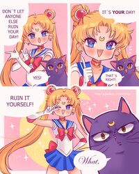  1other artist_name big_eyes bishoujo_senshi_sailor_moon blonde_hair blue_eyes bow brown_eyes commentary crescent_moon earings english_commentary english_text feline female gloves hair_ornament harajukushrimp heart highres long_hair luna_(sailor_moon) magical_girl meme moon pink_background pink_bow sailor sailor_collar sailor_moon sailor_moon_redraw_challenge_(meme) sailor_senshi_uniform simple_background skirt twintails white_gloves 