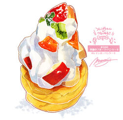  apple artist_name cantaloupe commentary_request cream food food_focus fruit hashtag highres kiwi_(fruit) momiji_mao no_humans numbered original pancake pastry raccoon shadow signature simple_background souffle_pancake still_life strawberry translation_request white_background 