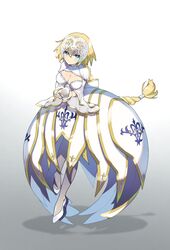  alternate_costume blonde_hair blue_eyes braid braided_ponytail breasts dress egg fate/apocrypha fate/grand_order fate_(series) female grey_thighhighs hair_between_eyes hairband headpiece highres holding holding_egg jeanne_d&#039;arc_(fate) jeanne_d&#039;arc_(lostroom_outfit)_(fate) kabutomushi_s long_hair looking_at_viewer official_alternate_costume shadow simple_background solo standing standing_on_one_leg thighhighs white_background 