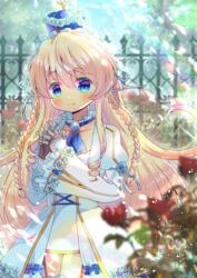  awakening_(sennen_sensou_aigis) blonde_hair blue_eyes blurry blurry_background blurry_foreground blush braid brooch brown_gloves closed_mouth collarbone commentary_request crown day depth_of_field dress female fence flower frilled_sleeves frills gloves hair_between_eyes hands_up interlocked_fingers jewelry juliet_sleeves kou_hiyoyo long_hair long_sleeves looking_at_viewer outdoors puffy_sleeves rischelte_(sennen_sensou_aigis) rose sennen_sensou_aigis sleeves_past_wrists smile solo twin_braids very_long_hair white_dress white_flower white_rose wide_sleeves 