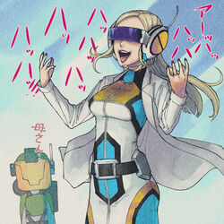  1boy air_raider_(edf) belt blonde_hair byackopath_(artist) commentary earth_defence_force_5 earth_defense_force female headset helmet lab_coat laughing lipstick long_hair makeup mysterious_scientist_(edf5) translated visor 