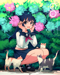  absurdres bad_id bad_pixiv_id black_footwear black_hair blue_skirt blush calico commentary day english_commentary feline female flower highres hydrangea looking_away neckerchief open_mouth original outdoors pleated_skirt red_neckerchief school_uniform short_hair skirt smile soar solo squatting 