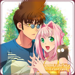  1boy :d animal_on_shoulder bad_id bad_pixiv_id blue-tinted_eyewear braid brown_hair collarbone commission couple female framed french_braid green_eyes guvava hair_intakes kutsuno long_hair macross macross_7 mylene_jenius nekki_basara pink_hair pixiv_commission round_eyewear shirt short_hair smile straight sunglasses tinted_eyewear upper_body yellow_eyes yellow_shirt 