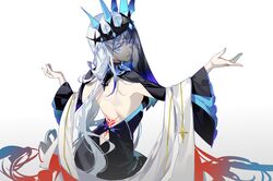  aokiku back_tattoo backless_dress backless_outfit bangs black_veil blue_eyes braid crown dress eyebrows_visible_through_hair facing_away fate/grand_order fate_(series) female highres long_hair looking_back morgan_le_fay_(fate) platinum_blonde_hair simple_background solo tattoo two-tone_dress upper_body veil white_background wide_sleeves 