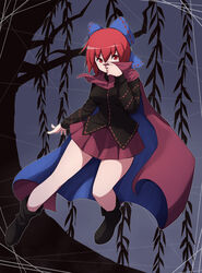  black_footwear black_shirt blue_bow boots bow cape commentary_request covering_own_mouth female full_body grey_background hairbow hand_up high_collar long_sleeves looking_at_viewer miniskirt otoufu_(wddkq314band) photoshop_(medium) pleated_skirt red_cape red_eyes red_hair red_skirt sekibanki shirt short_hair skirt solo touhou tree willow 