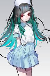  alternate_costume bad_id bad_twitter_id black_hair blue_hair blue_skirt blush closed_eyes commentary cowboy_shot demon_girl demon_horns demon_tail doryudory female flat_chest gradient_background grey_background hat highres horns long_hair multicolored_hair nanashi_inc. nurse_cap pleated_skirt pointy_ears puffy_short_sleeves puffy_sleeves red_eyes shirt shirt_tucked_in shishio_chris short_sleeves skirt solo sugar_lyric tail two-tone_hair virtual_youtuber white_shirt 