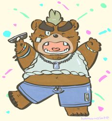  anthro ashigara_(tas) bear belly bottomwear brown_body brown_fur buta5kawa chibi clothed clothing eyewear fully_clothed fur hi_res kemono lifewonders male mammal navel one_eye_closed shirt shorts slightly_chubby solo sunglasses tokyo_afterschool_summoners topwear wink 