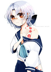  blue_neckerchief blue_skirt brown_eyes collarbone female glasses grey_hair hand_on_own_chest highres hirato_(kancolle) kantai_collection long_sleeves nanari_(nanari_nannari) neckerchief off_shoulder pleated_skirt school_uniform serafuku short_hair simple_background skirt solo upper_body wavy_hair white_background 