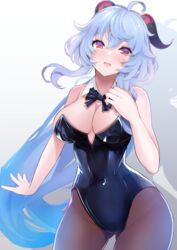  ahoge ass_visible_through_thighs bangs black_leotard black_pantyhose blue_hair blush bow bowtie breasts cleavage cowboy_shot female ganyu_(genshin_impact) genshin_impact highres horns latex leotard long_hair looking_at_viewer low_ponytail medium_breasts open_mouth pantyhose purple_eyes sidelocks smile solo sukesan thigh_gap very_long_hair 