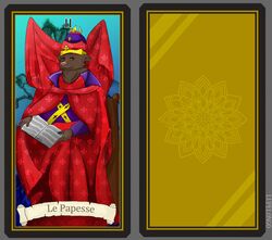  book canid canine canis card card_template clothed clothing crown digital_media_(artwork) domestic_dog female fortune_telling french_text headgear looking_at_viewer lupelongo major_arcana mammal noble reading roman_numeral solo tarot tarot_card text the_priestess_(tarot) translated 