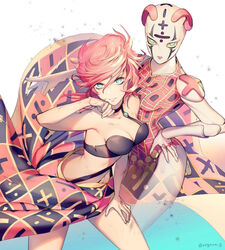  2girls 723_(tobi) black_bra blue_eyes bra breasts cleavage closed_mouth hair_between_eyes jojo_no_kimyou_na_bouken looking_at_viewer medium_hair multiple_girls pink_hair skirt spice_girl_(stand) trish_una underwear vento_aureo 