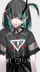  bad_id bad_twitter_id belt black_belt black_hair black_shirt black_skirt blue_hair cowboy_shot demon_girl demon_horns doryudory eye_of_providence female flat_chest grey_background highres horns looking_at_viewer medium_hair multicolored_hair nanashi_inc. official_alternate_costume open_mouth pointy_ears red_eyes shirt shishio_chris shishio_chris_(3rd_costume) short_sleeves side_ponytail simple_background skirt solo sugar_lyric two-tone_hair virtual_youtuber 