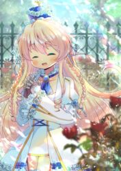  :d ^_^ awakening_(sennen_sensou_aigis) blonde_hair blurry blurry_background blurry_foreground blush braid brooch brown_gloves closed_eyes collarbone commentary_request crown day depth_of_field dress facing_viewer female fence flower frilled_sleeves frills gloves hair_between_eyes hands_up interlocked_fingers jewelry juliet_sleeves kou_hiyoyo long_hair long_sleeves open_mouth outdoors puffy_sleeves rischelte_(sennen_sensou_aigis) rose sennen_sensou_aigis sleeves_past_wrists smile solo twin_braids very_long_hair white_dress white_flower white_rose wide_sleeves 