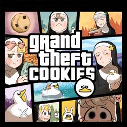  6+girls barn_owl bird blonde_hair brown_hair bunny_nun_(diva) chocolate_chip_cookie cookie diva_(hyxpk) duck duckling english_text food grand_theft_auto habit half-bang_nun_(diva) heart heart-shaped_eyewear hook-bang_nun_(diva) little_nuns_(diva) logo_parody multiple_girls protagonist_nun_(diva) scowly_nun_(diva) sheep_nun_(diva) star_(symbol) sunglasses white_hair 