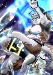  1boy absurdres ainu_clothes animal_ears bandaged_foot bandages bara chest_hair convenient_leg foot_out_of_frame furry furry_male grey_fur grey_hair headband highres horkeu_kamui incoming_attack incoming_kick large_pectorals looking_at_viewer male_focus multicolored_hair muscular muscular_male natsuki_atsushi_(rabbitificate) nipples pectorals pelvic_curtain scar scar_on_chest short_hair solo tail thick_thighs thighs tokyo_afterschool_summoners topless_male two-tone_fur two-tone_hair water white_fur wolf_boy wolf_ears wolf_tail yellow_eyes 