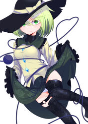  absurdres belt_boots black_footwear black_hat boots clothes_lift cross-laced_footwear female frilled_skirt frills green_eyes green_hair green_skirt hat highres komeiji_koishi lace-up_boots long_sleeves looking_at_viewer menou_74 shirt short_hair skirt skirt_lift solo thigh_boots thigh_strap thighhighs third_eye touhou white_background yellow_shirt 