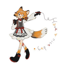  ;3 animal_ears ankle_boots apron arm_up black_apron black_eyes black_footwear black_gloves blunt_bangs blush_stickers bob_cut boots borrowed_character bow braid center_frills chinese_commentary clipboard clothes_writing collared_dress commentary_request dot_nose dress english_text female floral_print footwear_bow fox_ears fox_girl fox_tail frilled_apron frilled_dress frills full_body gloves gradient_legwear grey_apron guu_(hakahonoo) hairbow hand_up head_tilt holding holding_clipboard holding_pencil kneehighs limited_palette long_sleeves looking_at_viewer multicolored_hair no_pupils oerba_yun_fang one_eye_closed open_mouth orange_hair orange_socks original outstretched_arm pencil pleated_dress puffy_long_sleeves puffy_sleeves red_bow red_sash rose_print sash short_dress short_hair side_braid simple_background smile socks solo streaked_hair tail uniform waist_bow waitress walking white_background white_dress writing 