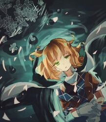  afloat arm_warmers bad_id bad_pixiv_id blonde_hair breasts brown_shirt commentary female green_eyes looking_at_viewer medium_breasts mizuhashi_parsee one-hour_drawing_challenge open_mouth partially_submerged scarf shinjitsu_no_kuchi shirt short_hair solo sports_bra touhou upper_body water white_scarf 