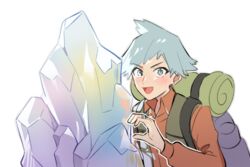  1boy :d backpack bag blush collared_shirt crystal grey_eyes grey_hair huan_li jewelry long_sleeves looking_at_viewer male_focus open_mouth orange_shirt outline pokemon pokemon_(anime) pokemon_rse_(anime) ring shirt short_hair smile solo steven_stone tongue upper_body 