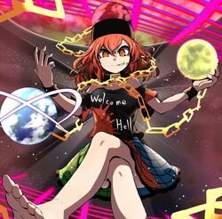  bare_shoulders barefoot blood blood_splatter breasts bright_pupils chains collar commentary_request crossed_legs epic_armageddon female grin hecatia_lapislazuli highres medium_breasts multicolored_clothes multicolored_skirt orange_eyes orange_hair plaid plaid_skirt planet shirt short_sleeves skirt smile solo space t-shirt touhou white_pupils wristband 