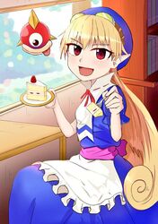  13-gou :p apron blonde_hair blue_headwear bookshelf cake curly_hair dress female food goggles goggles_on_head hat long_hair looking_at_viewer marivel_armitage open_mouth pointy_ears red_eyes ribbon smile tongue tongue_out wild_arms wild_arms_2 