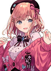  absurdres beret black_bow black_bowtie black_hat blue_eyes blush bow bowtie breasts brooch brown_hair club_(shape) diamond_(shape) eyelashes female hair_ornament hair_ribbon hairclip hat heart highres jewelry long_sleeves looking_at_viewer lq_saku medium_breasts medium_hair nijisanji off_shoulder open_mouth pink_sweater ribbon shirt simple_background smile solo spade_(shape) star_(symbol) striped_bow striped_bowtie striped_clothes suzuhara_lulu sweater upper_body virtual_youtuber white_background white_shirt x_hair_ornament 