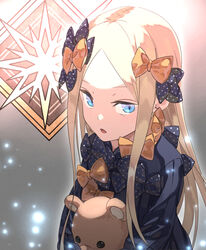  abigail_williams_(fate) akamiso_(k074510) black_bow black_dress blonde_hair blue_eyes bow commentary dress fate/grand_order fate_(series) female hairbow long_hair long_sleeves multiple_hair_bows open_mouth orange_bow parted_bangs polka_dot polka_dot_bow solo straight_hair stuffed_animal stuffed_toy teddy_bear very_long_hair 