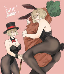  alternate_costume animal_ears ass black_collar black_headwear black_leotard black_pantyhose blonde_hair bow bowtie breasts cane carrot-shaped_pillow cleavage closed_mouth collar commentary_request dated_commentary detached_collar english_text fake_animal_ears fake_tail feet_out_of_frame female genderswap_(mtf) hat higekiri_(touken_ranbu) hugging_object large_breasts leotard open_mouth pantyhose pillow pillow_hug pink_background playboy_bunny rabbit_ears rabbit_tail red_bow red_bowtie rule_63 short_hair smile sparkle strapless strapless_leotard tail top_hat touken_ranbu yellow_eyes z.i 