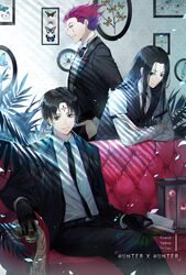  3boys belt black_belt black_bow black_bowtie black_eyes black_gloves black_hair black_jacket black_necktie black_pants black_suit black_vest blue_butterfly book bow bowtie branch bug butterfly chains character_name chrollo_lucilfer closed_mouth collared_shirt commentary container copyright_name couch crossed_arms crossed_legs cup dragonfly earrings ekita_kuro empty_eyes expressionless eyeball facial_tattoo falling_petals feet_out_of_frame fingernails forehead_tattoo formal framed_insect glass glint gloves hand_in_pocket heart highres hisoka_morow holding holding_book holding_cup hunter_x_hunter illumi_zoldyck indoors jacket jewelry long_hair long_sleeves looking_at_viewer male_focus multiple_boys necktie on_couch open_book open_clothes open_jacket pants parted_bangs parted_lips petals picture_frame plant red_hair shirt short_hair sideways_glance silk sitting smile spider spider_web standing suit tattoo teardrop_tattoo vest white_shirt yellow_eyes 