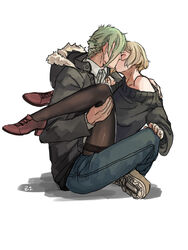  1boy alternate_costume black_pantyhose black_sweater blonde_hair blue_pants blush brown_footwear chinese_commentary closed_eyes collared_shirt commentary_request contemporary denim female full_body genderswap_(mtf) green_hair higekiri_(touken_ranbu) hizamaru_(touken_ranbu) jeans kissing leg_lock off_shoulder pants pantyhose rule_63 shirt short_hair straight sweater touken_ranbu white_shirt z.i 