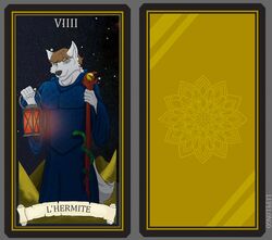  2019 brown_hair canid canine canis card card_template clothed clothing desert digital_media_(artwork) fortune_telling french_text fully_clothed fur glowing green_eyes grey_body grey_fur hair lamp lantern looking_at_viewer lupelongo major_arcana male mammal night ren_(siervi) reptile robe roman_numeral scalie simple_background sky smile snake solo staff standing star starry_sky suit tarot tarot_card text the_hermit_(tarot) translated wolf 