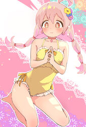  ahoge bare_arms bare_legs bare_shoulders barefoot blush casual_one-piece_swimsuit check_commentary choker closed_mouth commentary_request earrings female flower frills hair_flower hair_ornament highres jewelry long_hair one-piece_swimsuit onii-chan_wa_oshimai! orange_choker orange_eyes oyama_mahiro pink_hair sitting solo steepled_fingers swimsuit twintails wariza yellow_one-piece_swimsuit yuu_(kfc) 