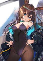  amiya_(arknights) animal_ears arknights bare_shoulders black_jacket black_leotard blue_eyes breasts brown_hair brown_pantyhose choker cleavage commentary covered_navel cowboy_shot female groin head_tilt highres jacket jewelry large_breasts leotard long_hair long_sleeves looking_at_viewer off_shoulder open_clothes open_jacket pantyhose parted_lips playboy_bunny puffy_sleeves rabbit_ears rabbit_girl ring solo thumb_ring togo_(korlsj1235) 