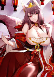  akagi_(azur_lane) akagi_(dawn_phoenix&#039;s_summons)_(azur_lane) animal_ears azur_lane bare_shoulders breasts brown_hair chinese_clothes cleavage curvy eyeliner eyeshadow female fox_ears fox_girl fox_tail hachimitsu_hinako hair_ornament hanfu huge_breasts kitsune lantern makeup obi official_alternate_costume red_eyes red_nails sash smile solo tail 