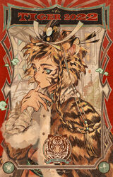  2022 animal_ears black_hair black_nails blue_eyes chinese_zodiac cloud commentary_request facial_tattoo female fur_jacket hand_up highres jacket long_sleeves looking_at_viewer multicolored_hair open_mouth orange_hair original short_hair solo streaked_hair tattoo tiger tiger_ears tiger_stripes tsubonari upper_body year_of_the_tiger 