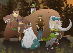  abomasnow clothed clothing digital_media_(artwork) feral forest generation_2_pokemon generation_4_pokemon generation_5_pokemon generation_6_pokemon gogoat group human lupelongo mammal mamoswine nintendo plant pokemon pokemon_(species) sawsbuck shiny_pokemon spring_sawsbuck team_(disambiguation) tree ursaring xatu 