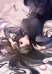  black_dress black_skirt bon_(bonbon315) breasts brown_eyes brown_hair compact_(cosmetics) cosmetics dress female highres large_breasts lipstick_tube long_hair long_sleeves looking_at_viewer lying makeup on_back on_bed original skirt solo very_long_hair 