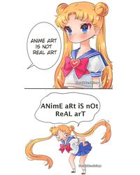  artist_name big_eyes bishoujo_senshi_sailor_moon blonde_hair blue_eyes bow commentary crescent_moon english_commentary english_text female hair_ornament harajukushrimp heart highres long_hair magical_girl meme moon pink_bow sailor sailor_collar sailor_moon sailor_moon_redraw_challenge_(meme) sailor_senshi_uniform simple_background skirt sparkle spongebob_squarepants spongebob_squarepants_(character) twintails white_background 